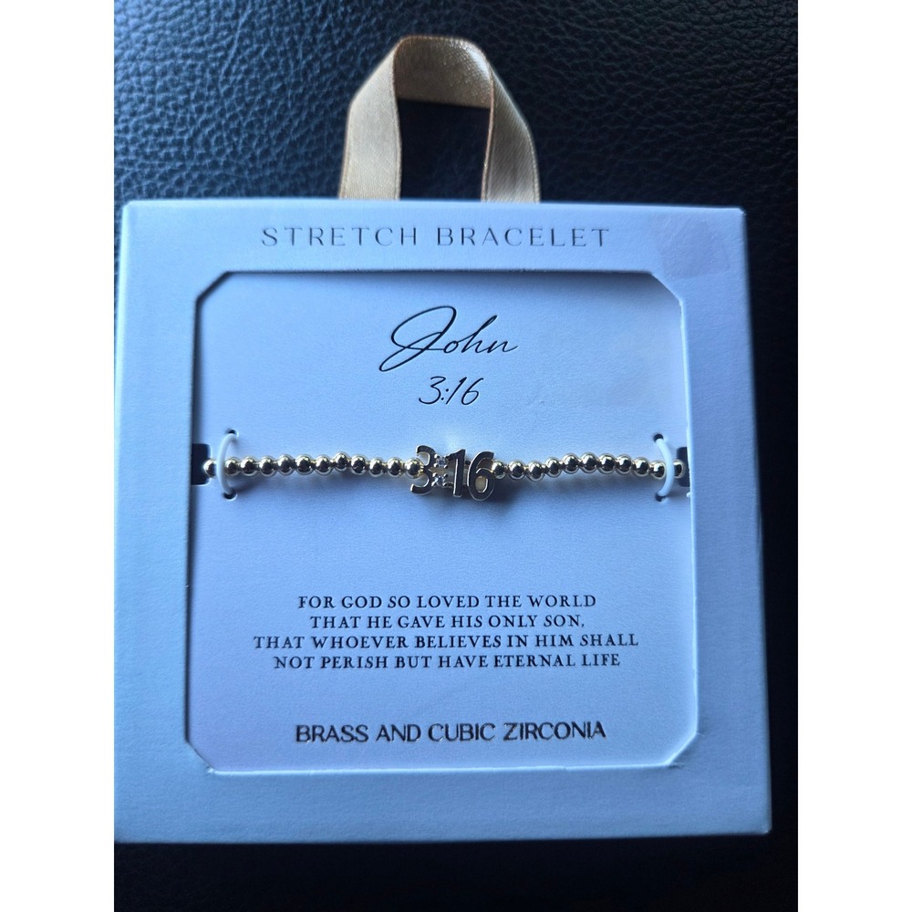 Streach Beaded Bracelet John 3:16 Gold Tone Brass Cubic Zirconia NWT Gift